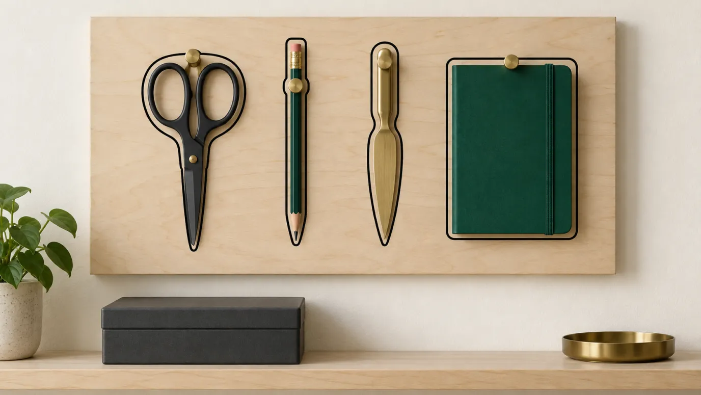 A birch shadow board with painted outlines holding scissors, a green pencil, a brass letter opener, and a green notebook.