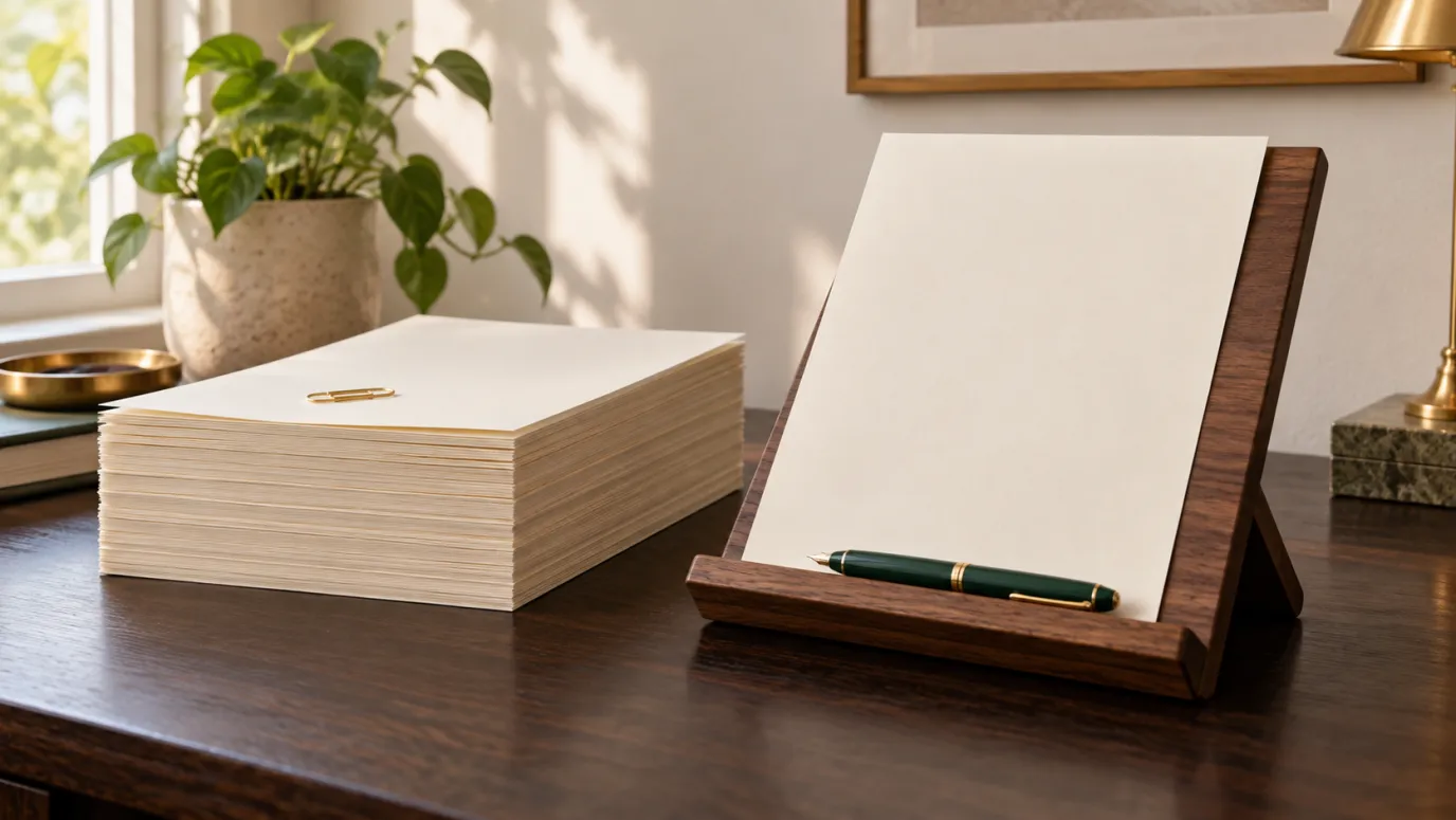 A tall stack of blank cream sheets beside one sheet on a walnut stand with a green fountain pen.