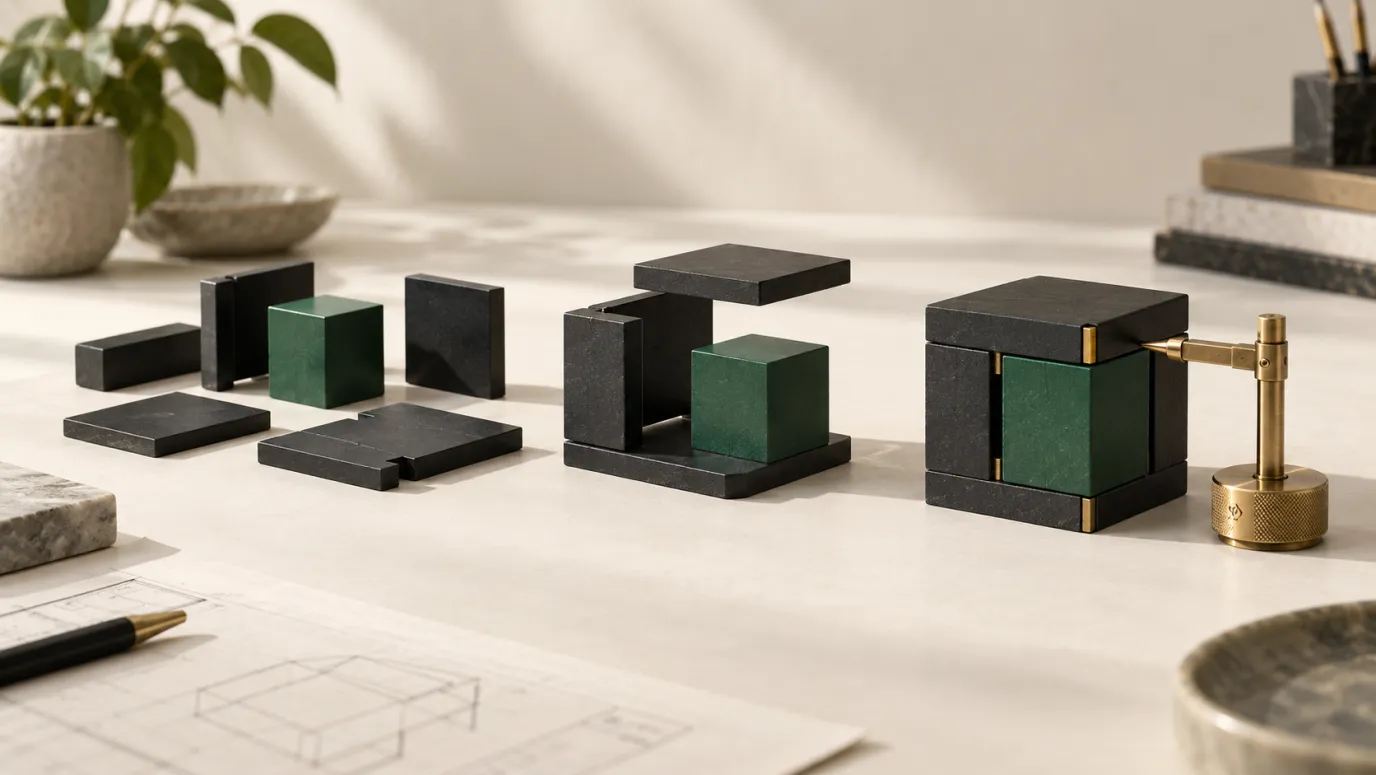 Loose graphite panels and green cubes progress toward an assembled cube beside a brass inspection gauge.