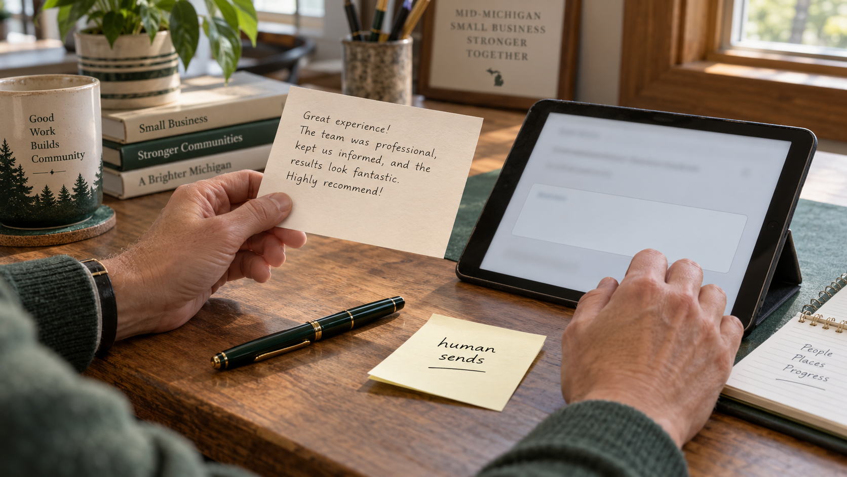 Two paper trays labeled Routine and Sensitive for sorting review replies.