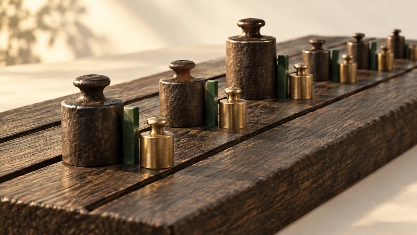 Pairs of dark iron and brass weights separated by green dividers in parallel grooves along a dark wooden board.