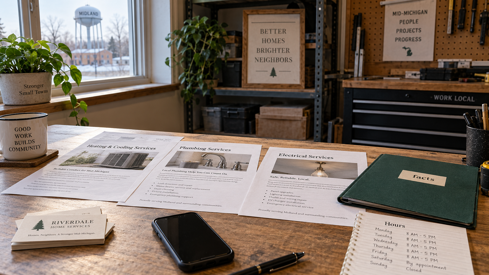 An open prompt-log notebook beside a blank monthly metrics sheet.