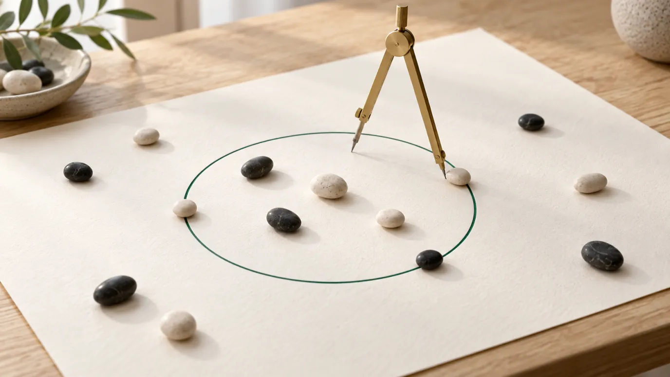 A brass drafting compass drawing a green circle on ivory paper, with light and dark pebbles inside and outside it.