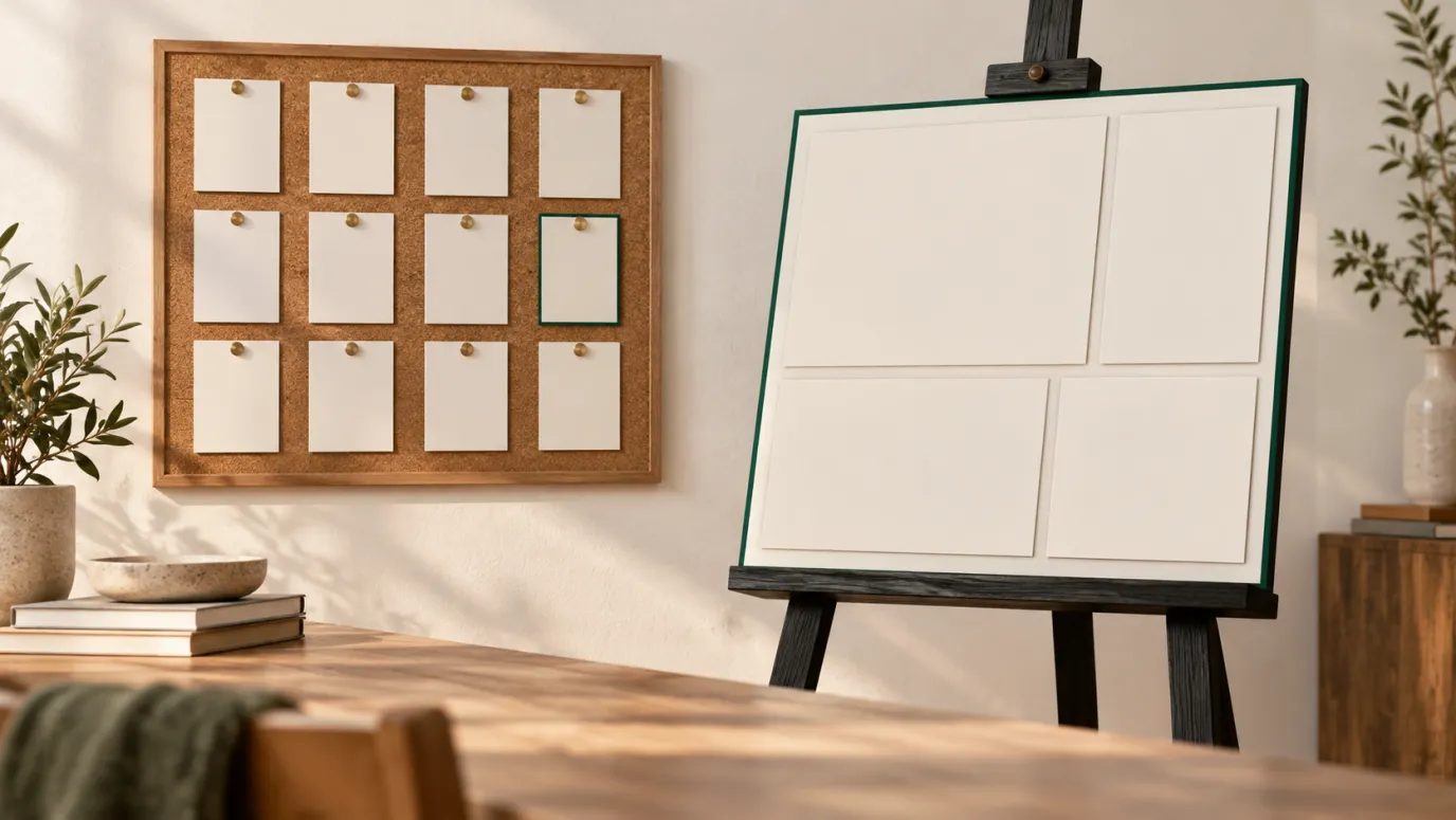 A cork board of pinned blank cards, one edged in green, beside an easel holding a blank four-panel layout in a sunlit room.