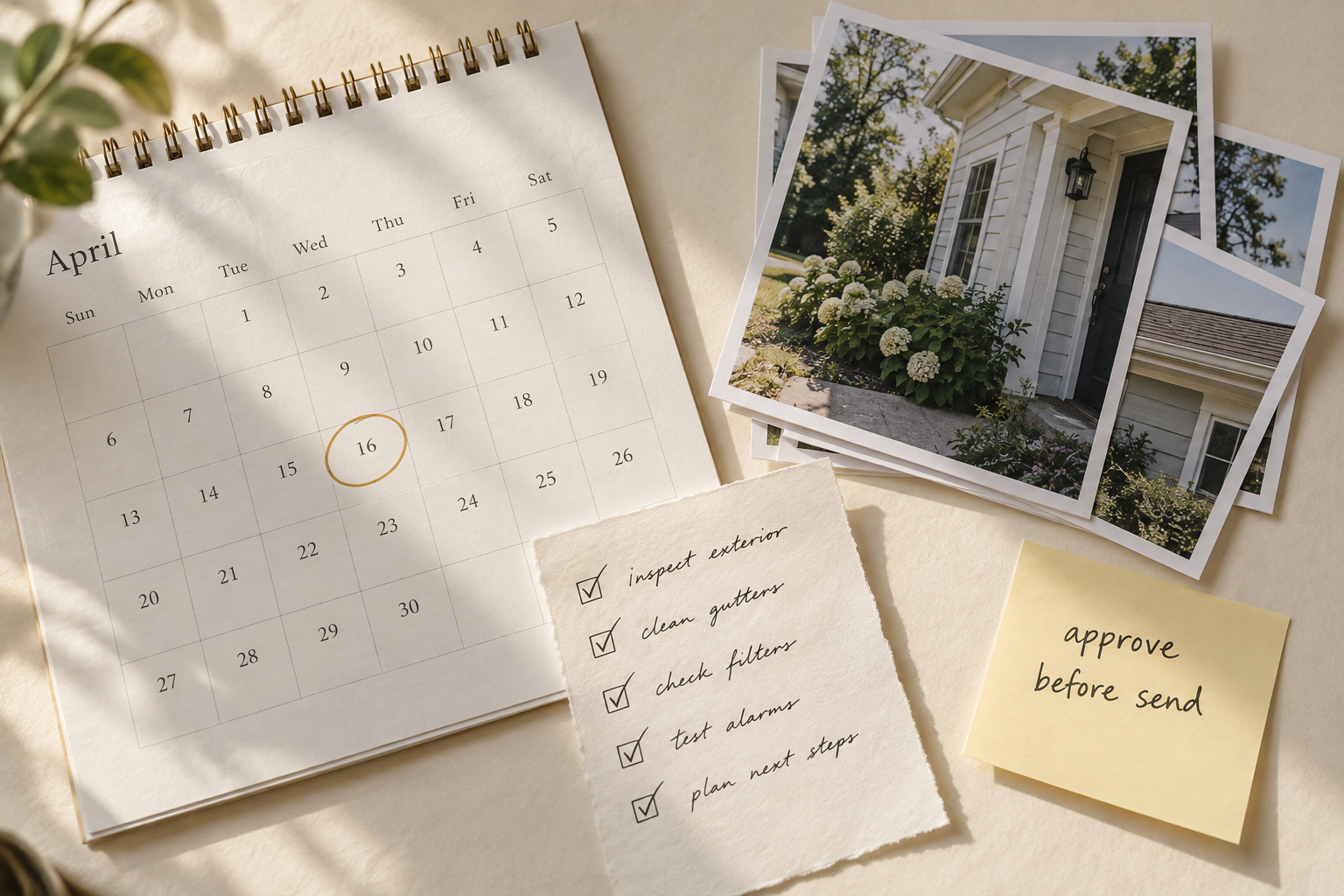 A calendar, photo stack, and short handwritten maintenance list on a desk.