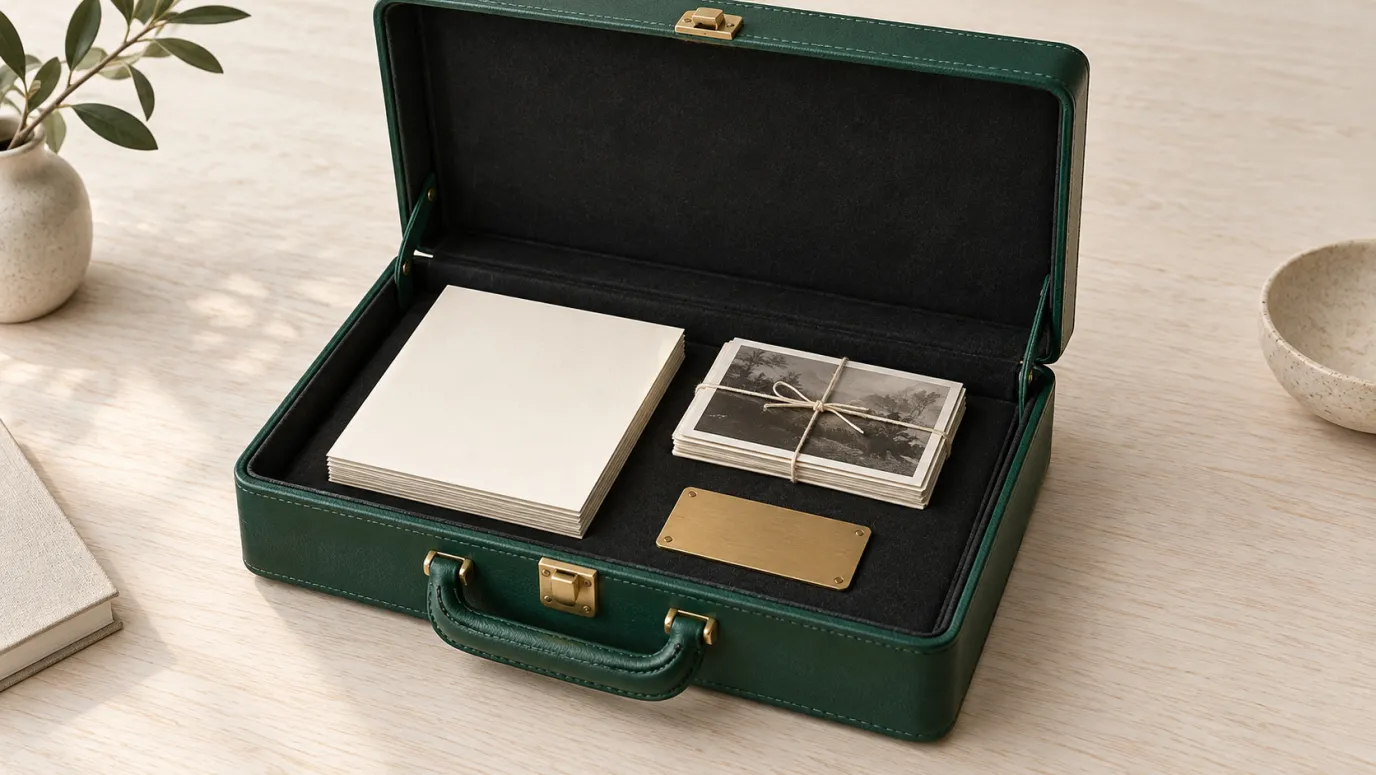 An open green leather case holding a stack of blank cards, a tied bundle of photographs, and a blank brass plate.