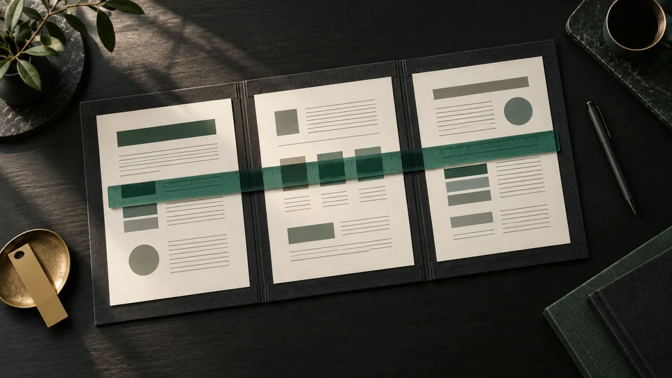 Three abstract proposal sheets in a dark folio, crossed by a translucent green ruler.