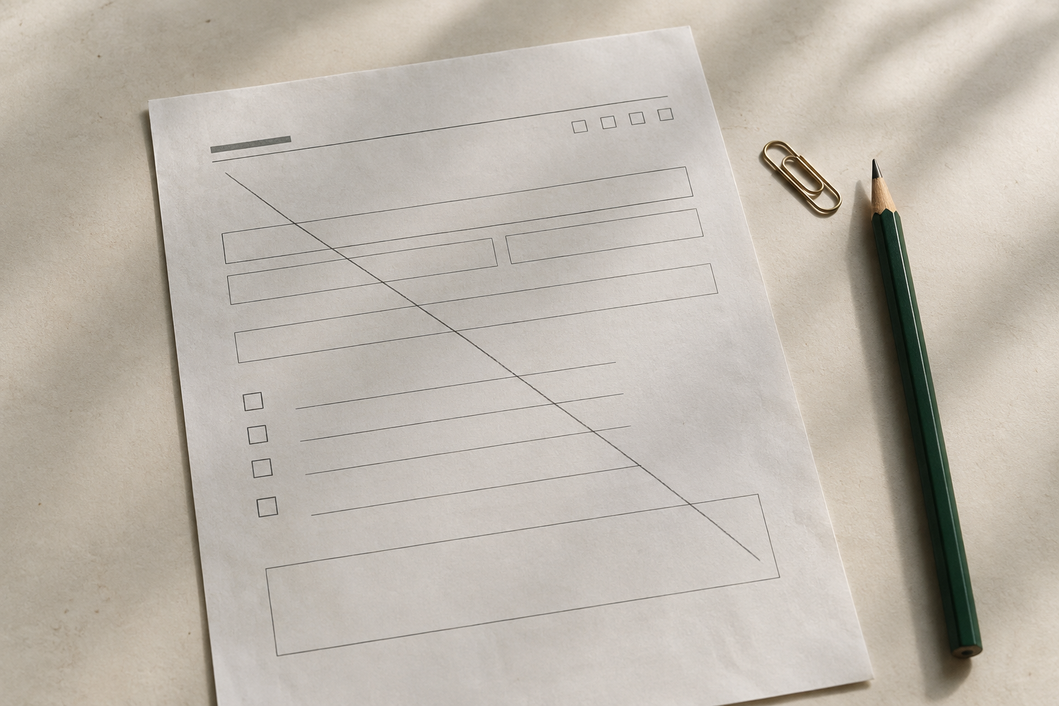 A blank paper listing form set aside with a pencil across it.