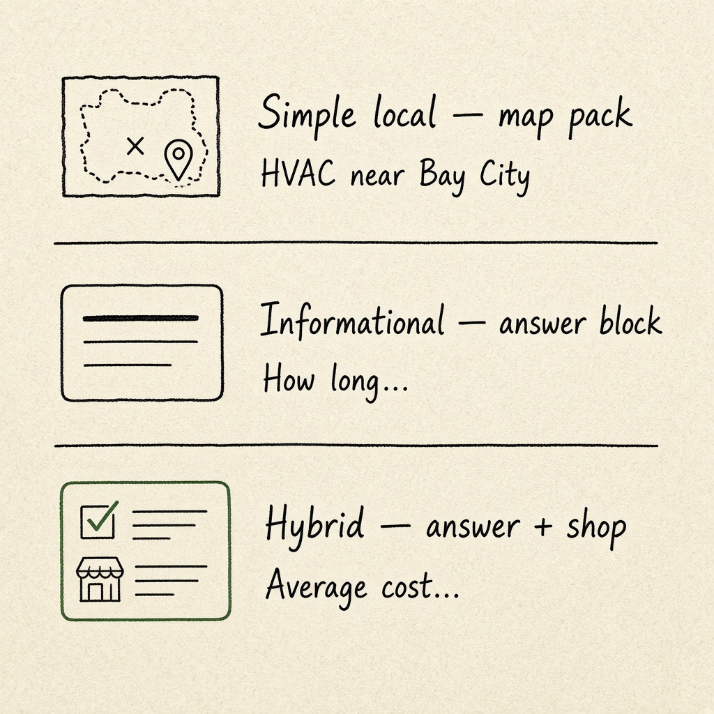 A three-row ink diagram sorting simple local, informational, and hybrid search jobs.