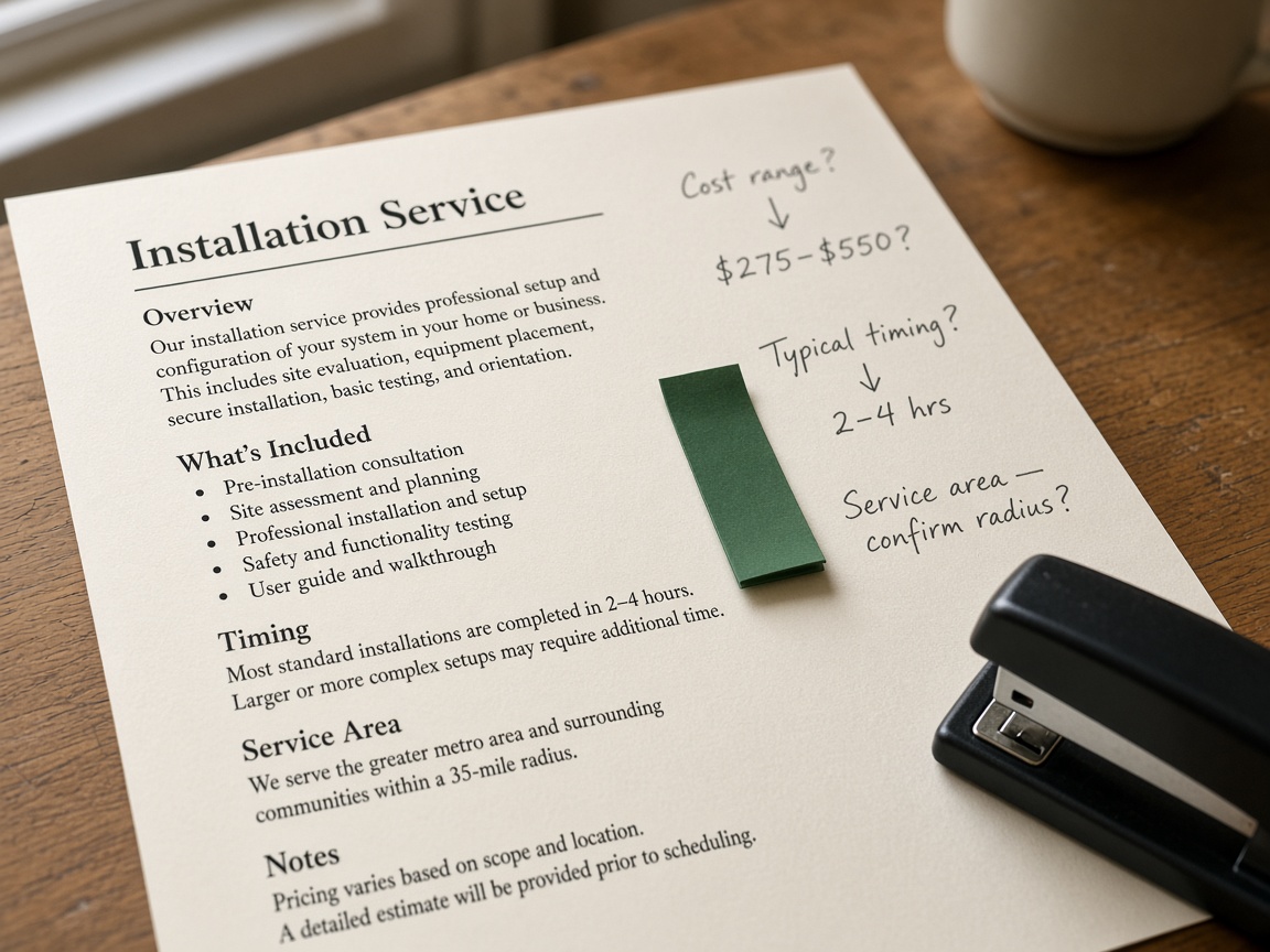 A printed service page draft with handwritten notes about cost and timing.