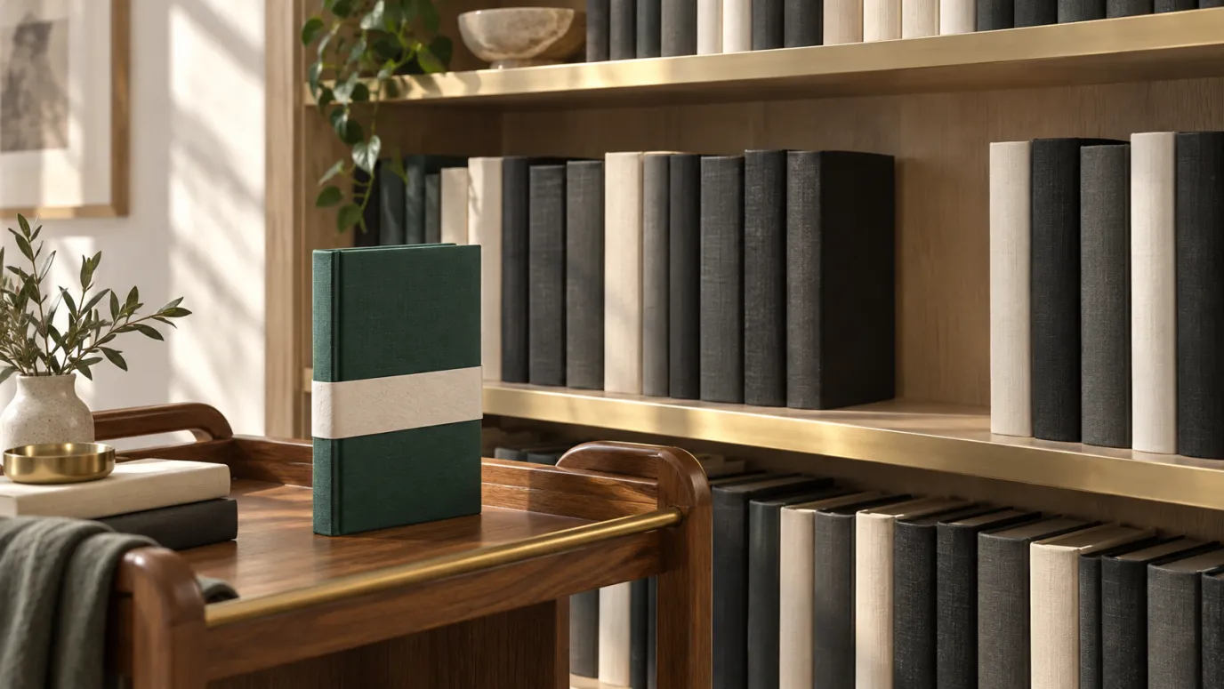 A green book with a cream band stands on a wooden cart in front of shelves of dark and ivory books.