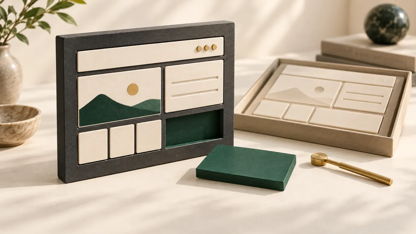 A framed webpage model with a removed green panel and a spare set of cream panels in a tray.