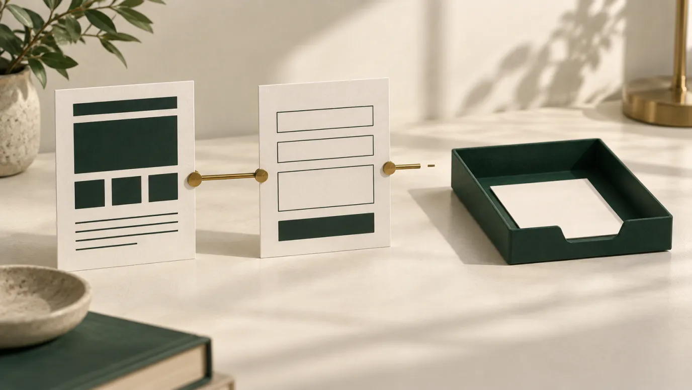 Website and form cards linked by brass rods, with a gap before a green document tray.
