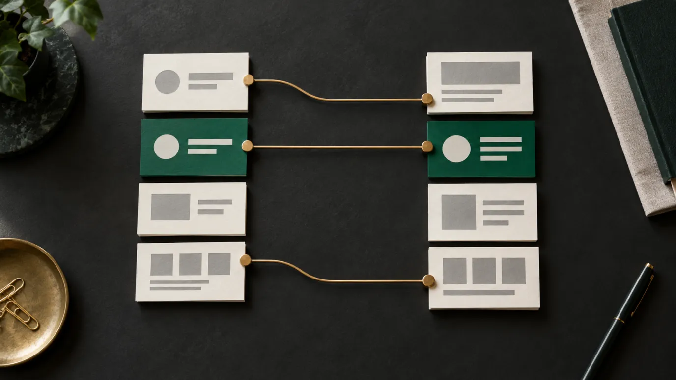Two columns of cream and green page-layout cards joined by three brass connectors.