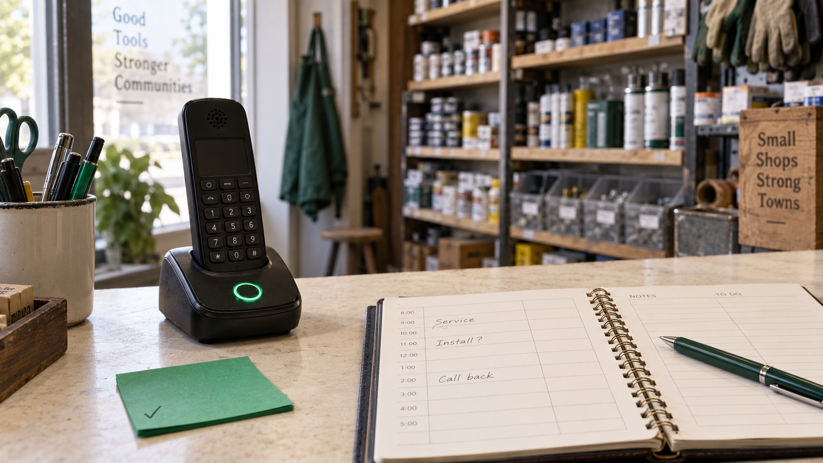A four-step ink diagram from customer question to shop call to answer returned.