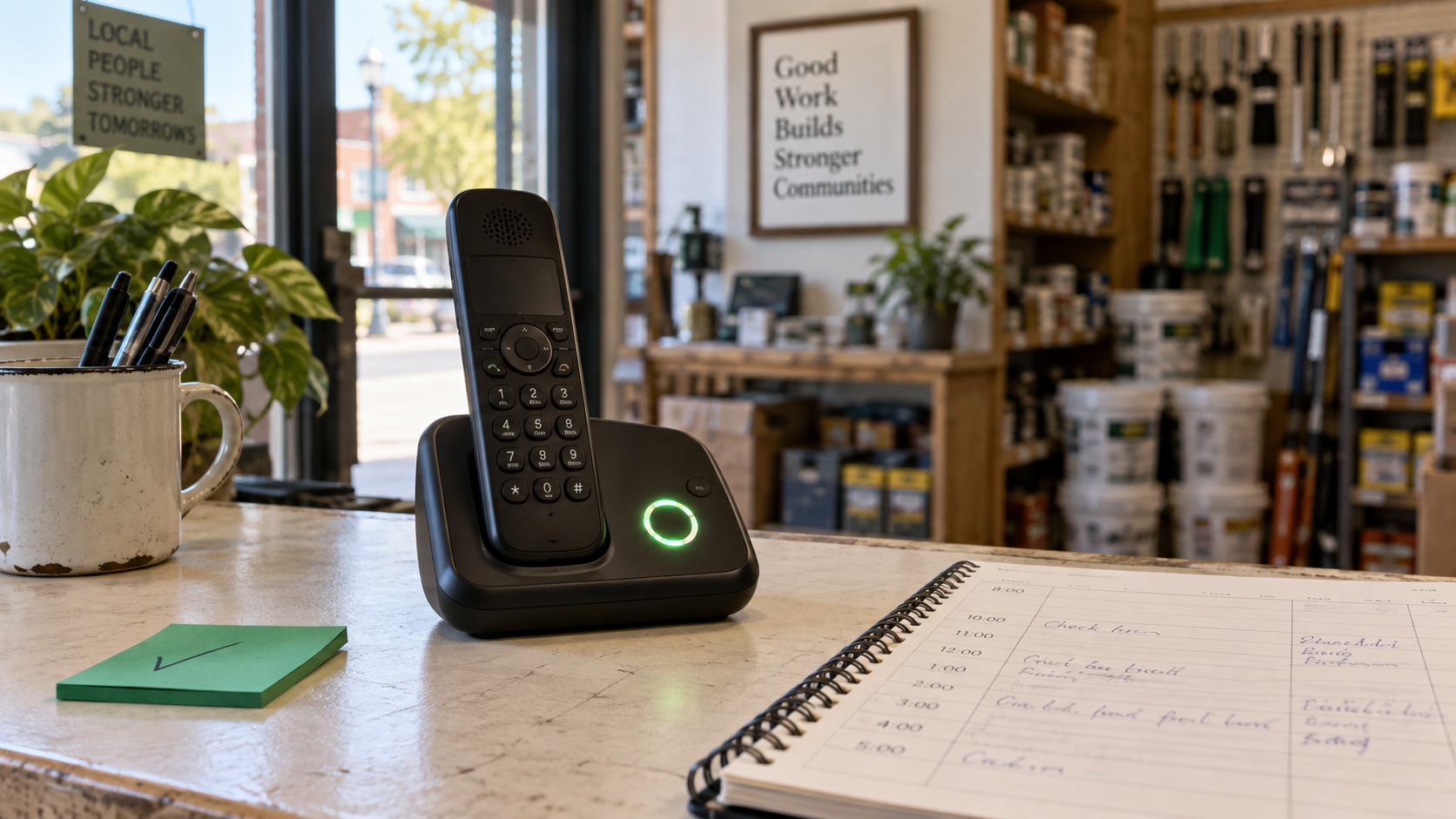 A notepad with a short call script beside a phone handset.