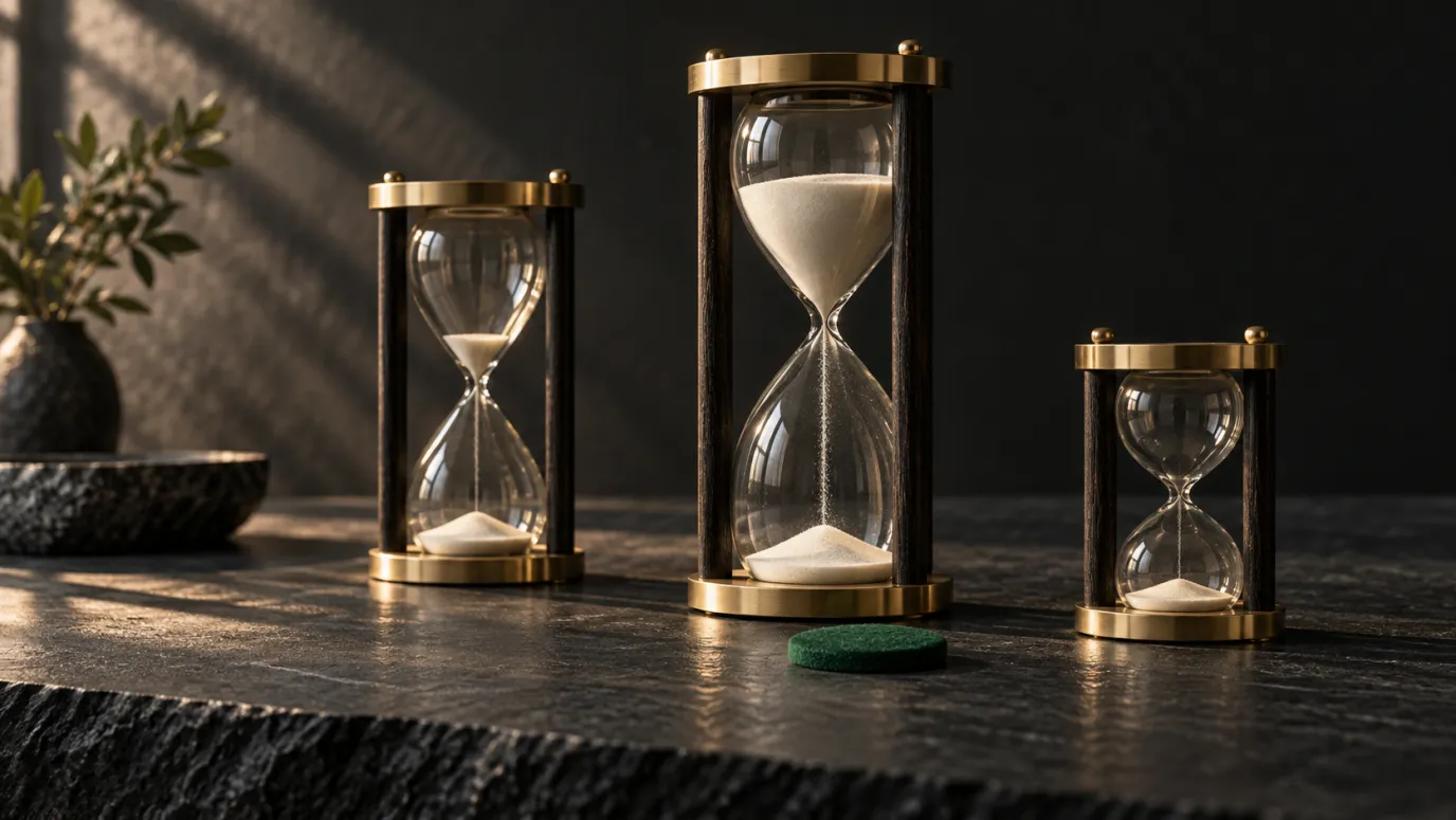 Three brass and dark-wood hourglasses of different sizes on a slate surface, with a small green felt disc in front.