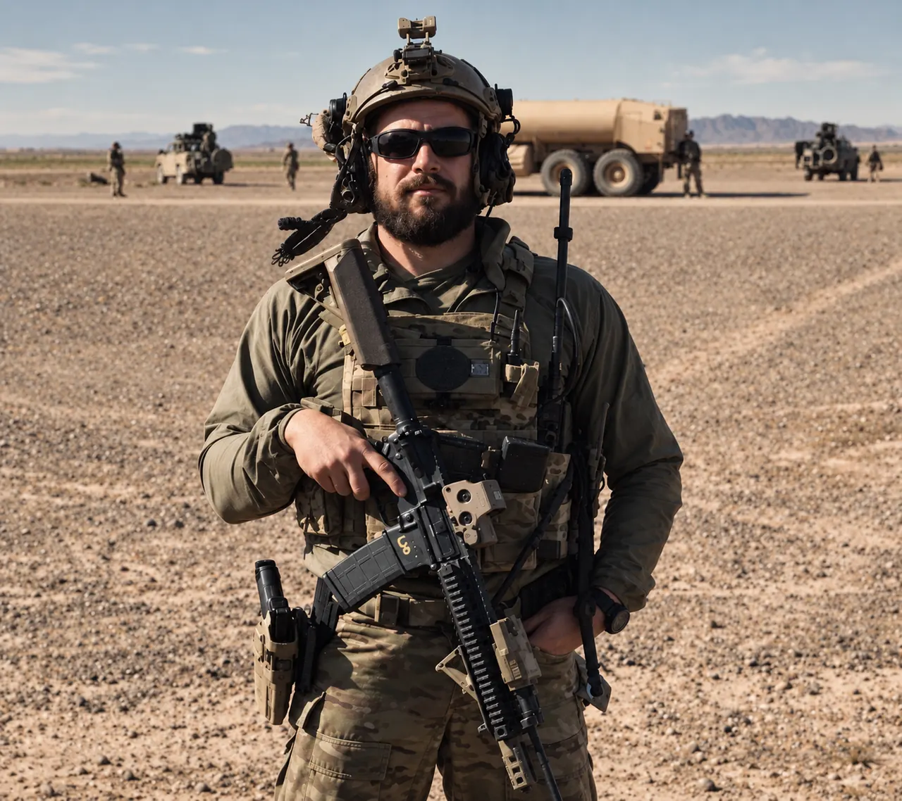 Jeremy Cleland in U.S. Army field gear, standing in the desert with vehicles behind him.
