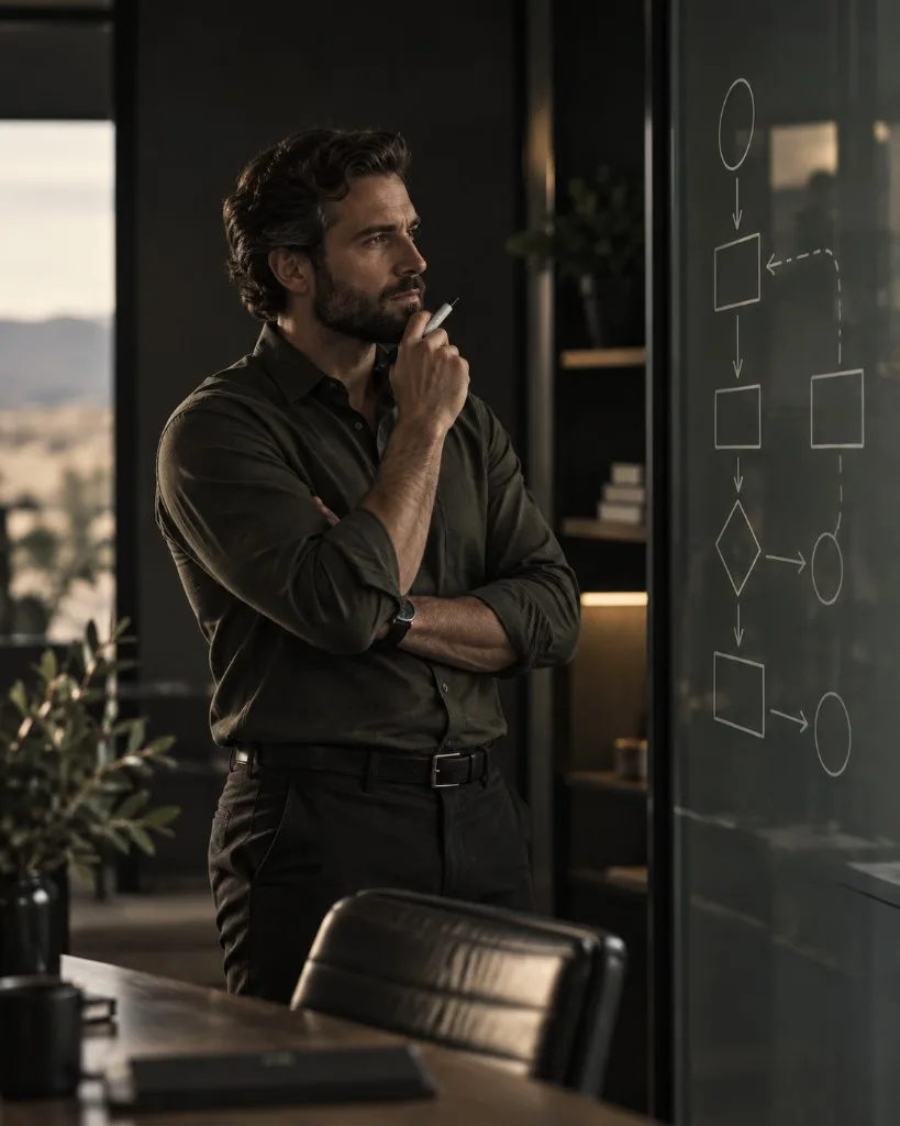 A person with a marker, standing beside a glass wall and looking at a drawn process diagram.