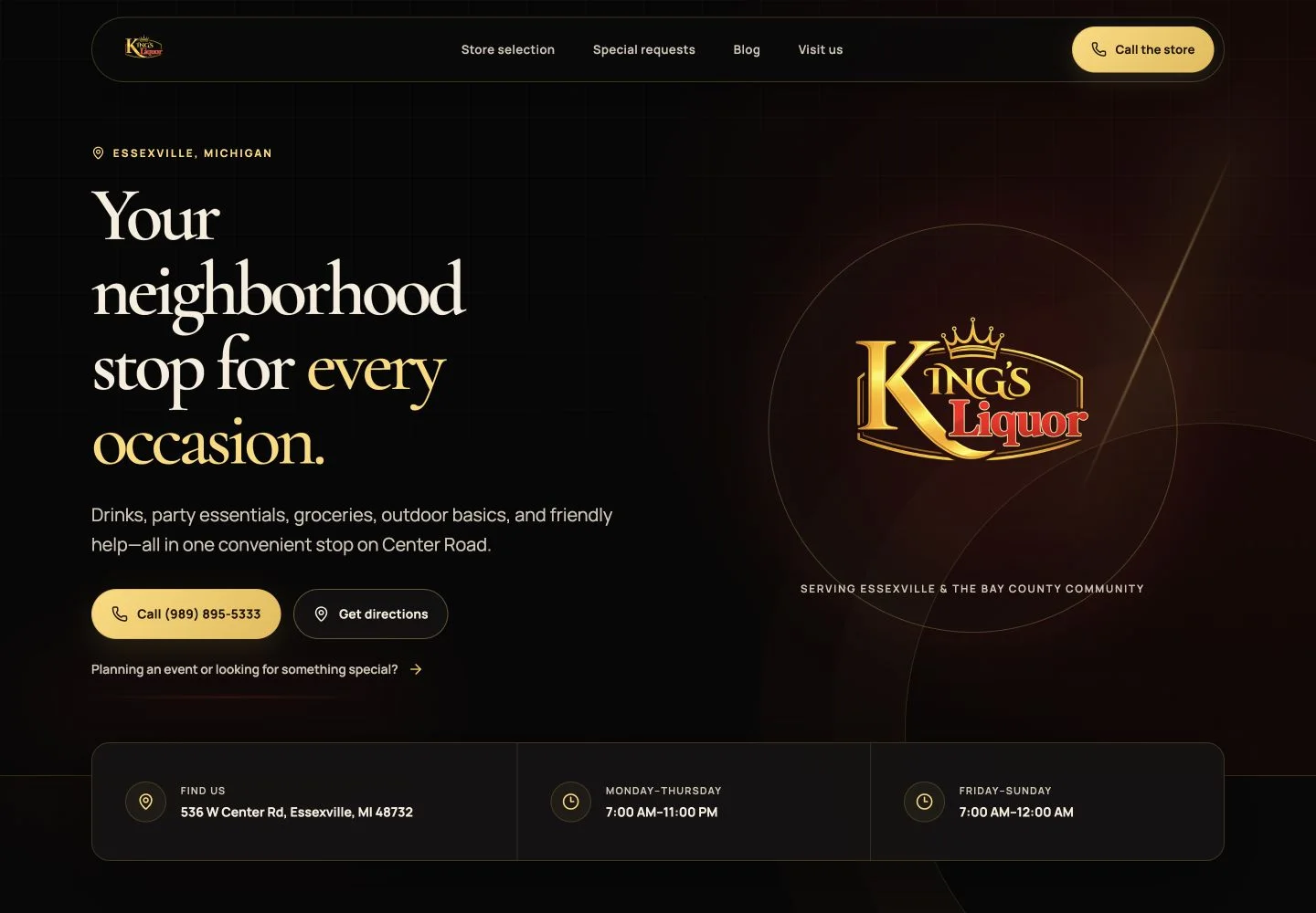 King’s Liquor website with store information and product categories.