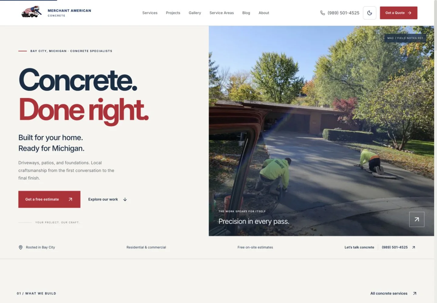 Merchant American Concrete website with its Concrete. Done right. headline and driveway finishing photograph.