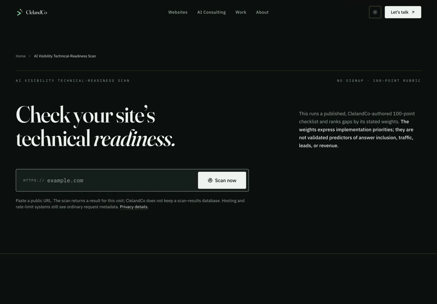 ClelandCo technical-readiness scanner with a website address input.